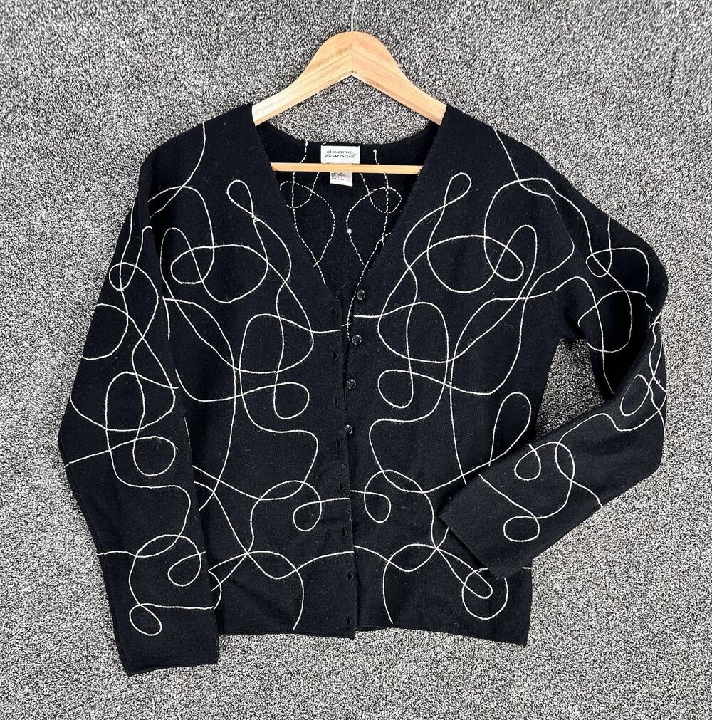 Deane And White Button Up Wool Cardigan Sweater Black Size SM Stitched Pattern